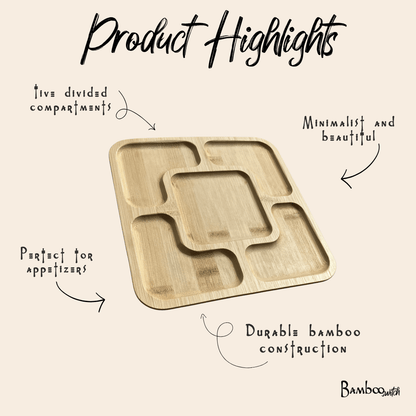 A bamboo divided appetizer tray shown on a beige background with handwritten callouts reading 'Product Highlights,' 'five divided compartments,' 'Minimalist and beautiful,' 'Perfect for appetizers,' and 'Durable bamboo construction.' The Bamboo Switch brand name appears in the bottom right.