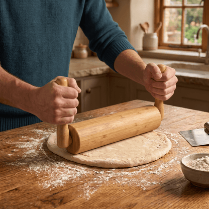 Man rolls dough using a rolling pin with upright handles in a rustic kitchen | Bamboo Switch