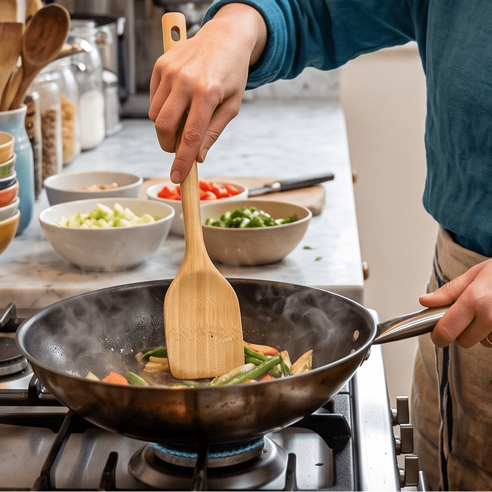 a bamboo spatula used by a cook to make stir fried vegetables in a domestic kitchen | Bamboo Switch