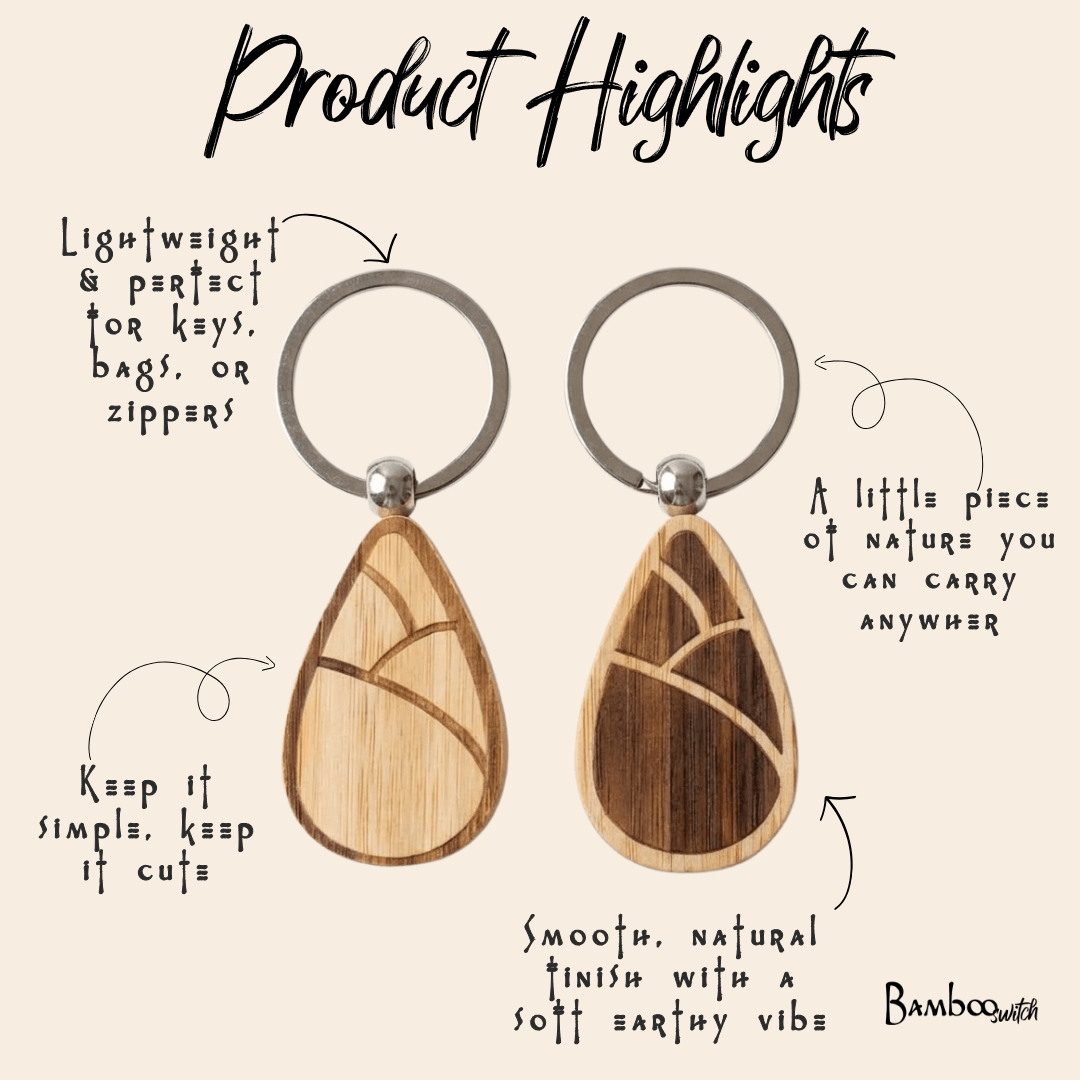 Bamboo keychains with teardrop design on a beige background with text describing sustainable features.