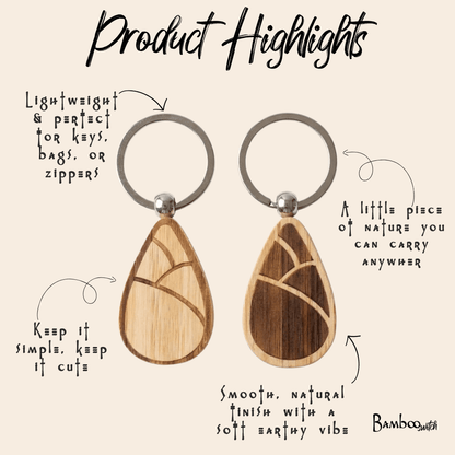Bamboo keychains with teardrop design on a beige background with text describing sustainable features.