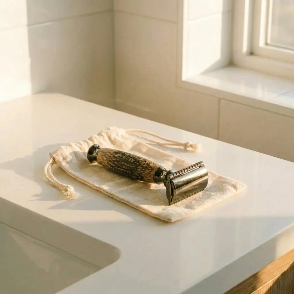 A vintage-style metal and bamboo hair roller resting on a beige cotton drawstring pouch, placed on a white bathroom counter near a window by Bamboo Switch
