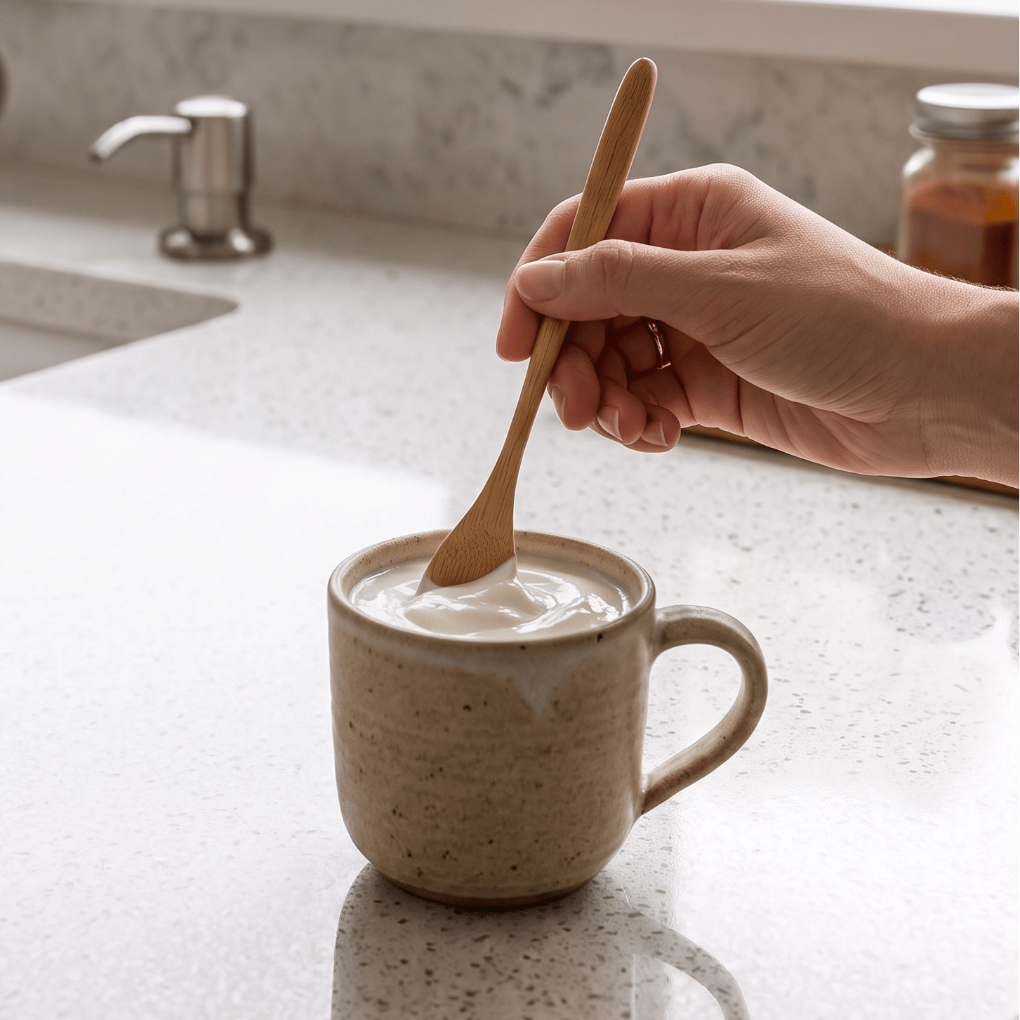 bamboo stir spoon mixing honey into a mug full of yogurt | Bamboo Switch