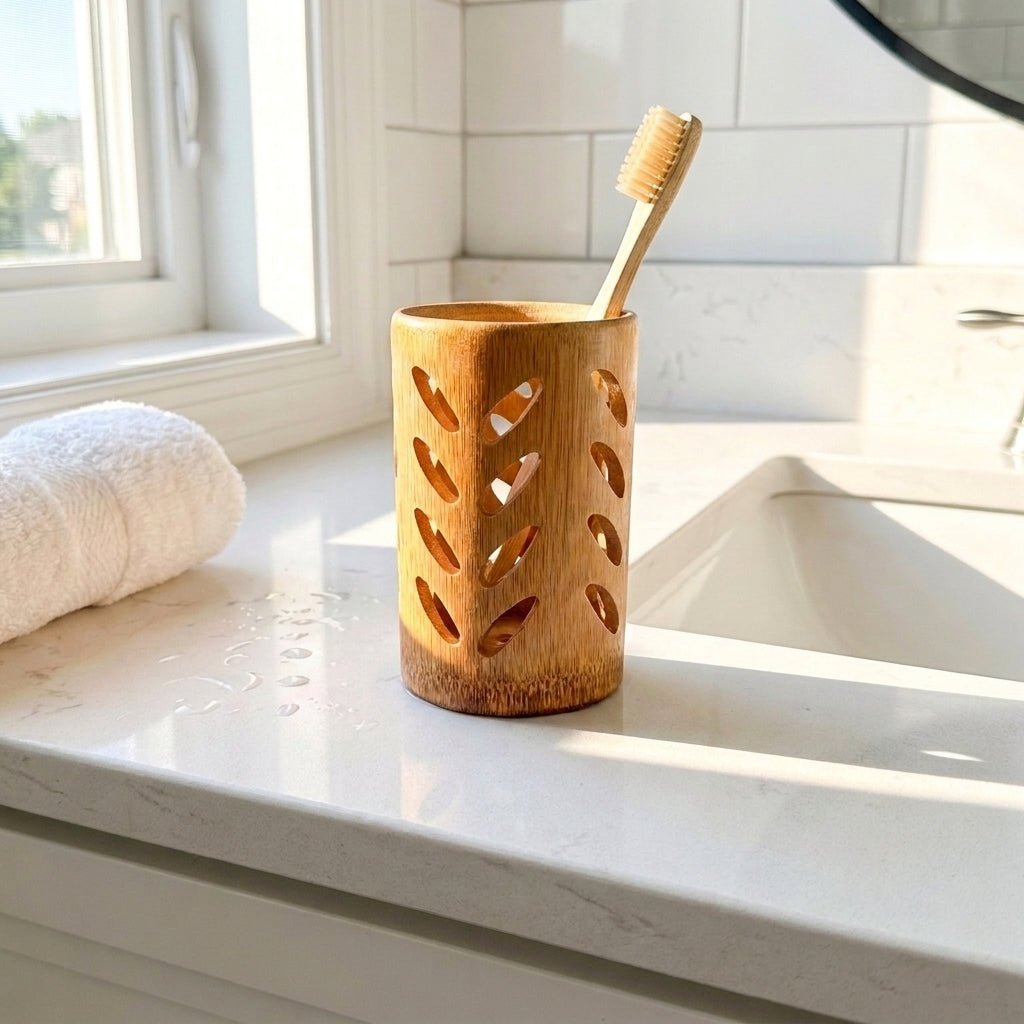 A bamboo toothbrush holder with a toothbrush, set on a white marble bathroom counter next to a sink and a rolled towel by Bamboo Switch