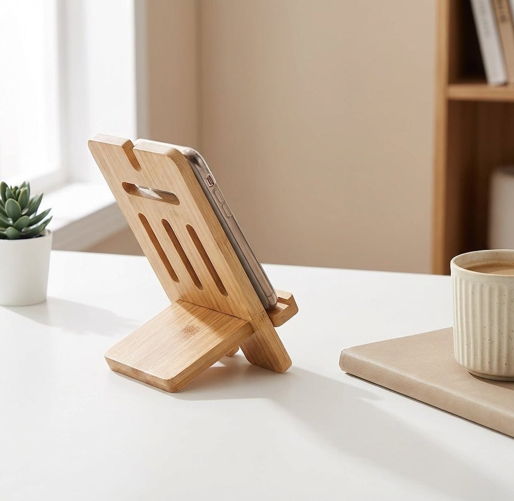 Bamboo phone stand on a white surface with a cup and plant in the background