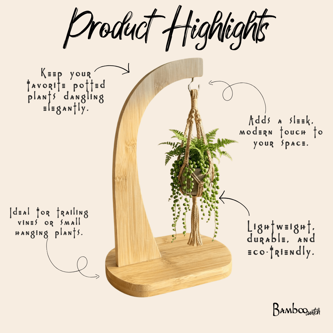 Bamboo Plant hanger with hanging plant on a beige background, featuring product highlights.