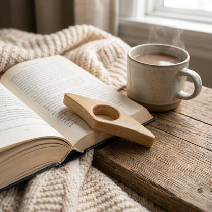A bamboo bookend shaped like a book page with a circular hole, resting on an open book on a cozy cream knit blanket next to a ceramic mug of hot coffee on a rustic wooden table by Bamboo Switch