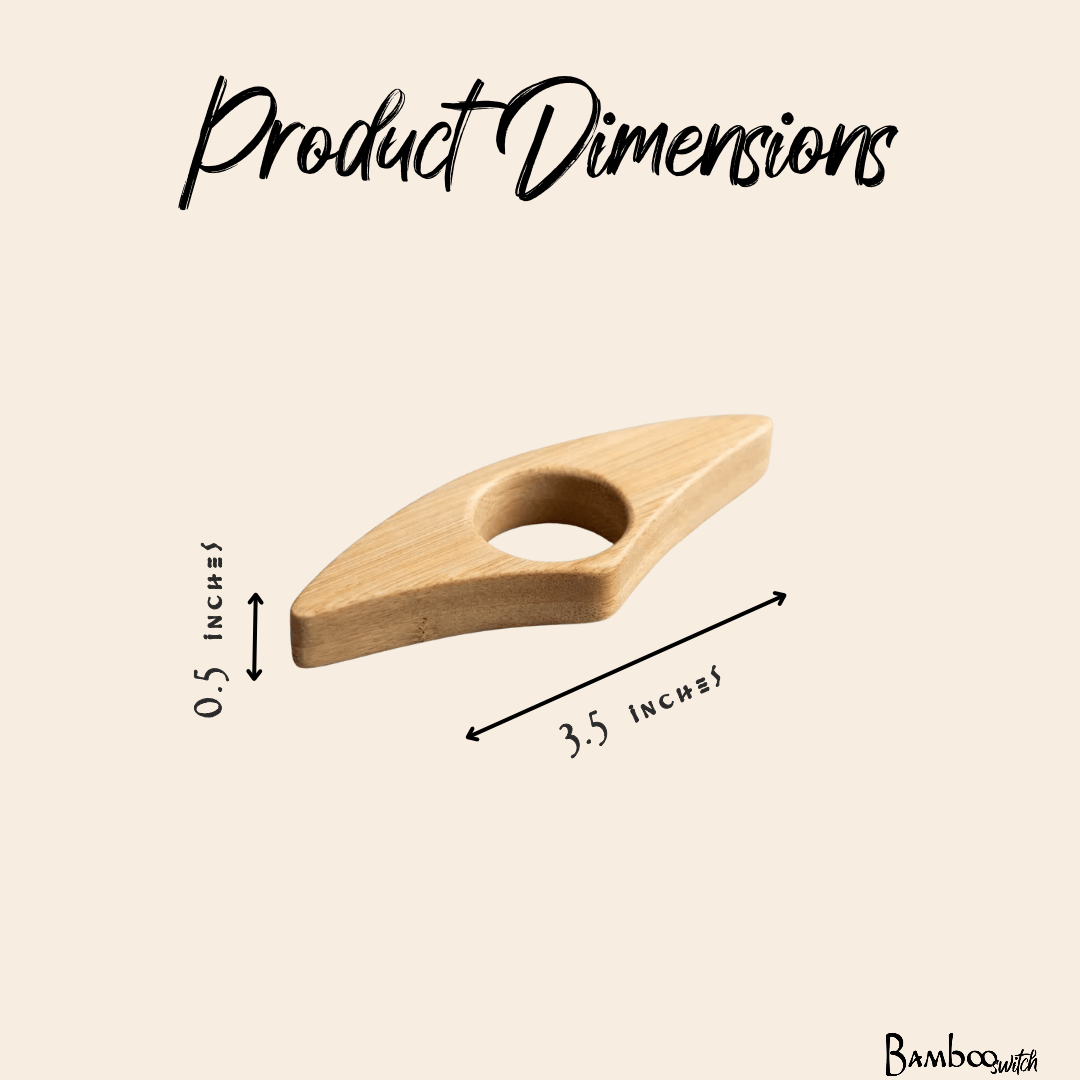 Product dimensions diagram showing a small natural bamboo piece with a circular hole, labeled as 3.5 inches by 0 by Bamboo Switch
