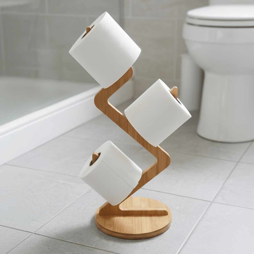 Zigzag stand holding three toilet paper rolls in bathroom | Bamboo Switch