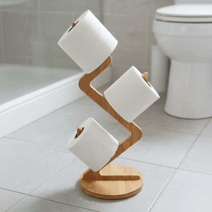 Zigzag stand holding three toilet paper rolls in bathroom | Bamboo Switch