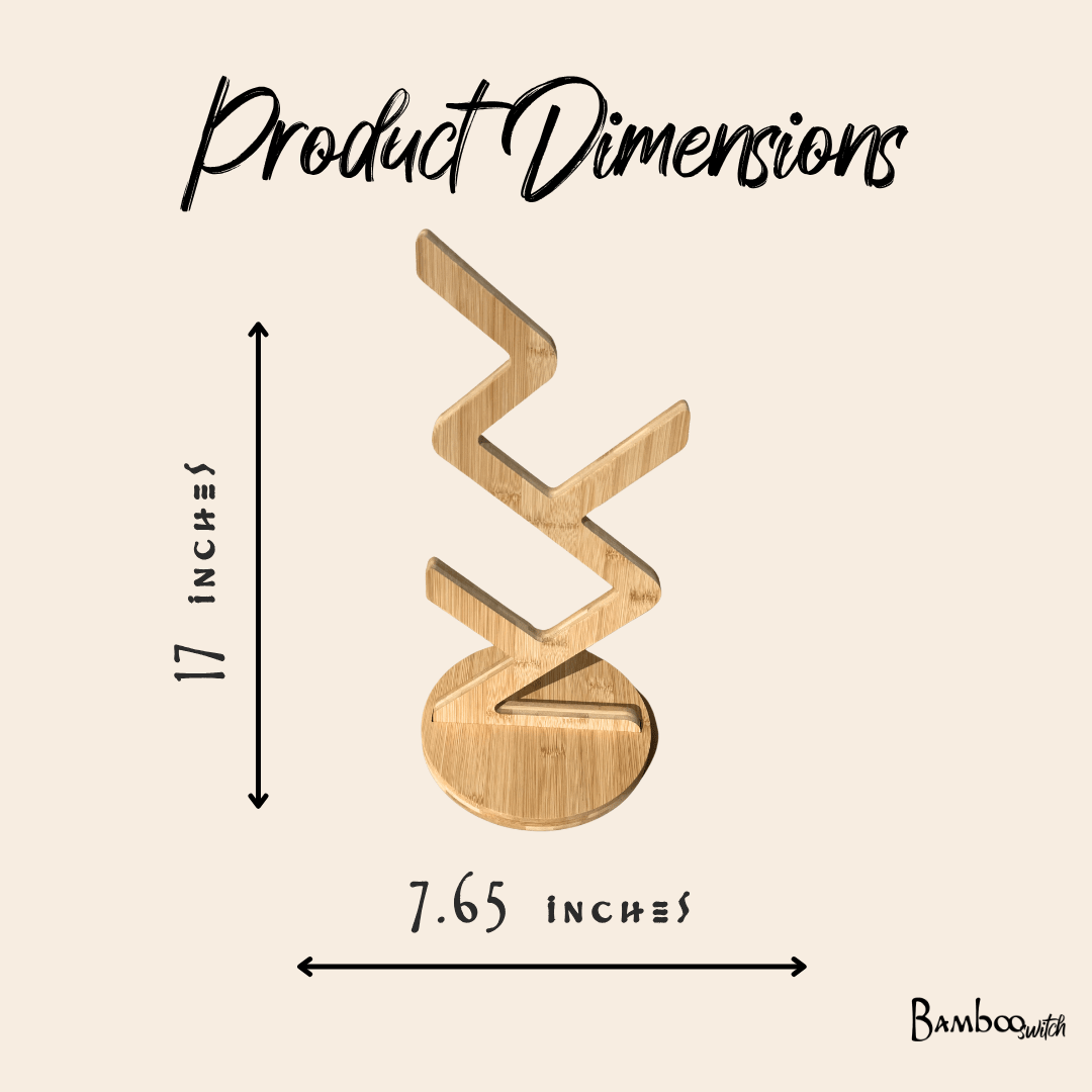 Product dimensions diagram showing a bamboo toilet paper stand on a beige background, with text indicating 17 inches in height and 7.65 inches in width by Bamboo Switch®