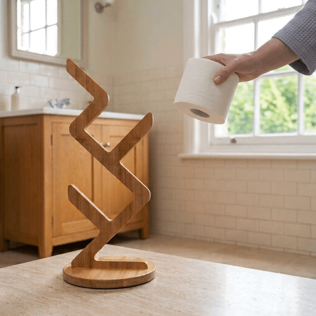 Empty zigzag bamboo toilet paper stand by bathroom window | Bamboo Switch
