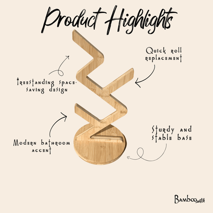 Product highlights graphic for a bamboo toilet paper stand on a beige background, with handwritten callouts pointing to standing space-saving design, quick roll replacement, sturdy and stable base, and modern bathroom accent by Bamboo Switch®