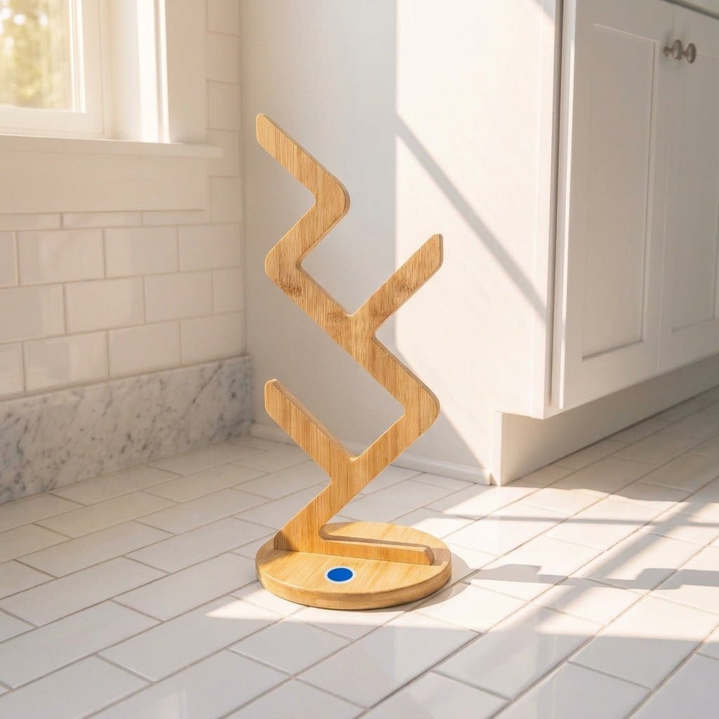 A modern bamboo toilet paper stand with a zigzag design by Bamboo Switch®