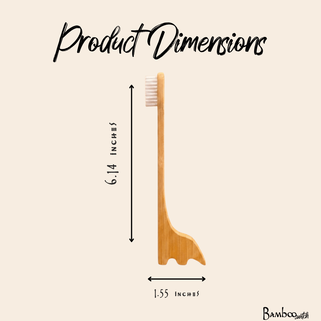 Product dimensions diagram of a bamboo dinosaur shaped toothbrush on a beige background, showing a height of 6.14 inches and a width of 1 by Bamboo Switch