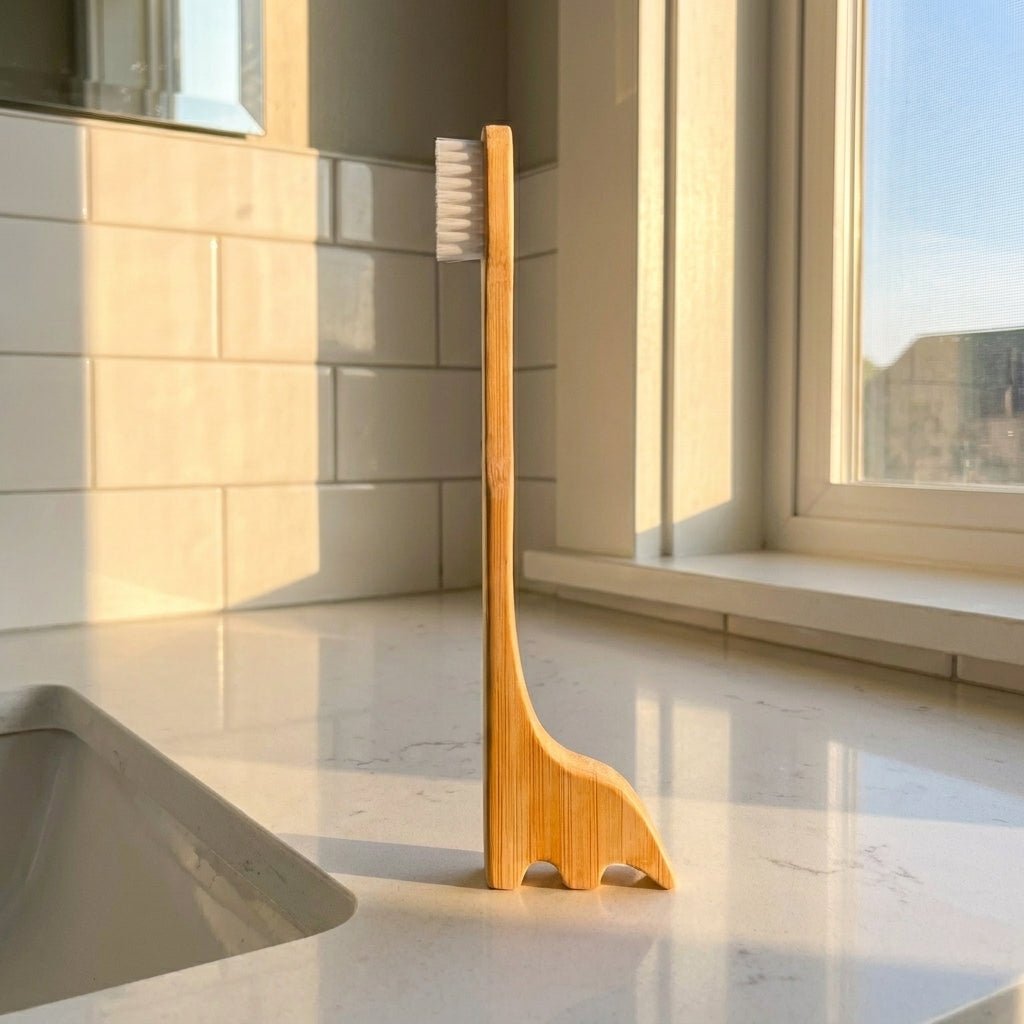 A bamboo toothbrush with a dinosaur shape stands on a white marble countertop in a sunlit bathroom setting by Bamboo Switch