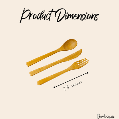 Product dimensions graphic showing a bamboo spoon, knife, and fork set on a light beige background with text reading 'Product Dimensions' and '7.8 inches' by Bamboo Switch