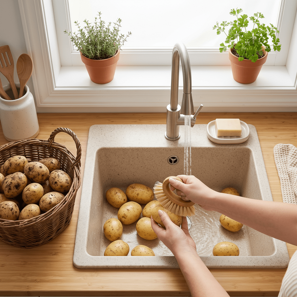 model cleaning potatos using oval bamboo brush | Bamboo Switch