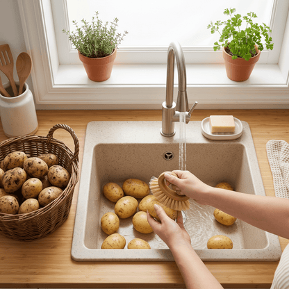 model cleaning potatos using oval bamboo brush | Bamboo Switch