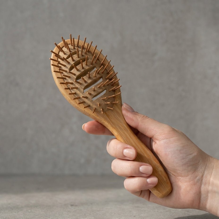 Hand holding a wooden hairbrush against a gray background
