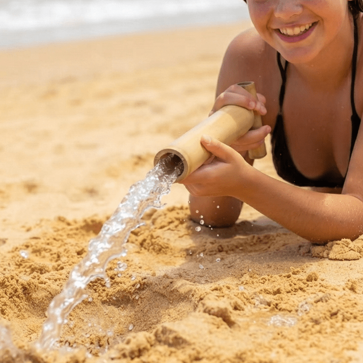 Woman spraying water from bamboo sprayer toy at beach | Bamboo Switch