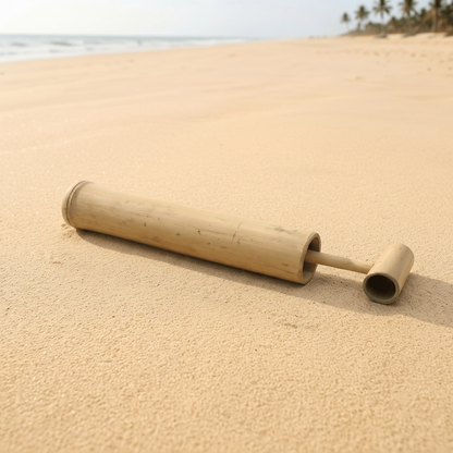 Bamboo water sprayer toy lying on beach sand | Bamboo Switch