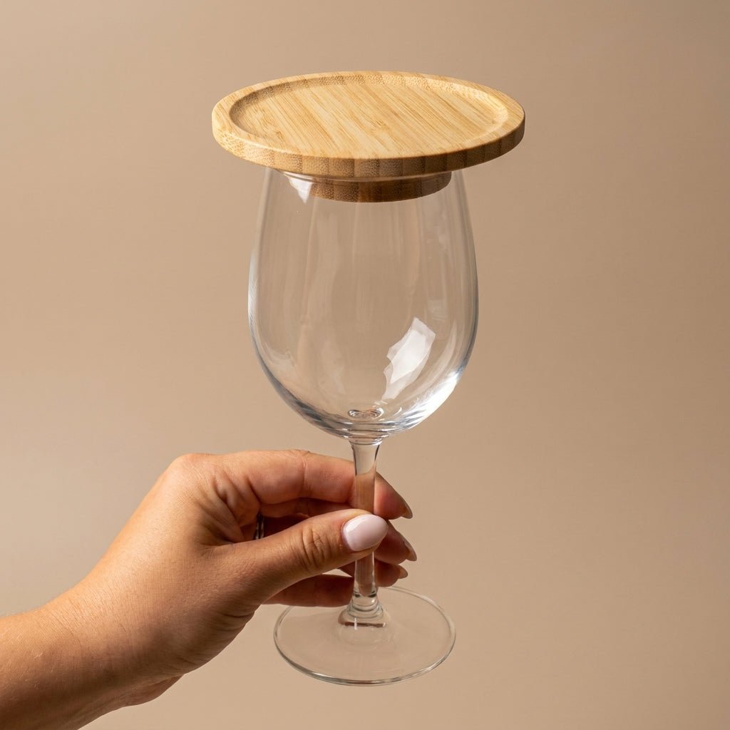 A hand holds a clear wine glass with a round bamboo lid resting on the rim, set against a solid beige background by Bamboo Switch