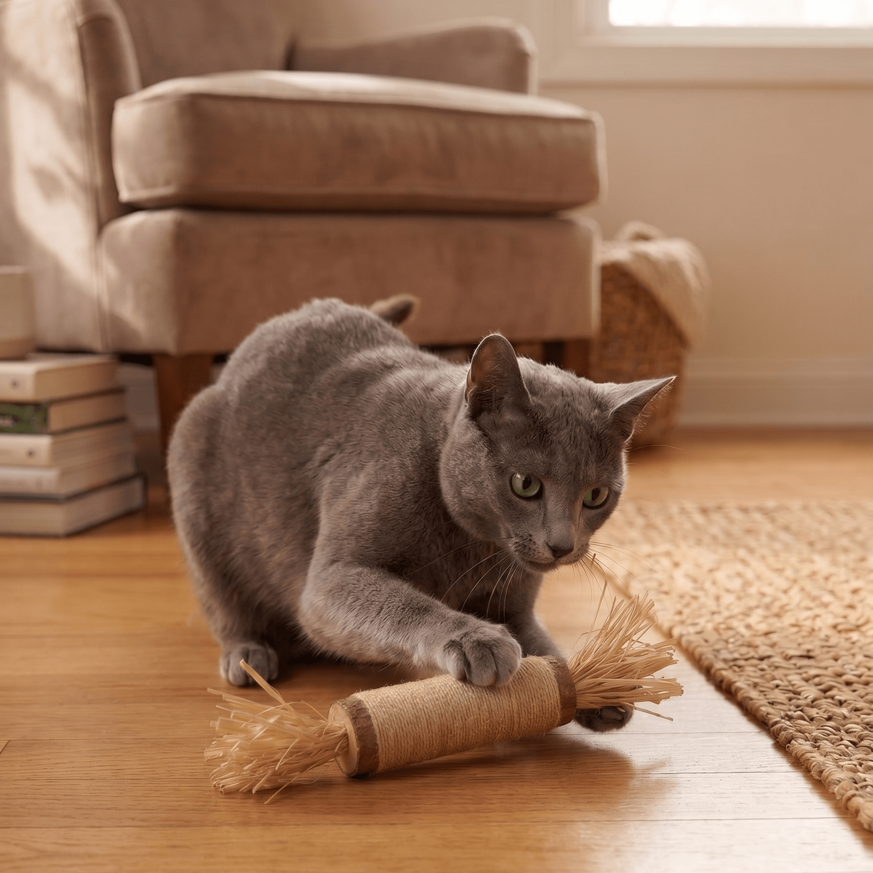 Gray cat playing with chew toy on living room floor | Bamboo Switch