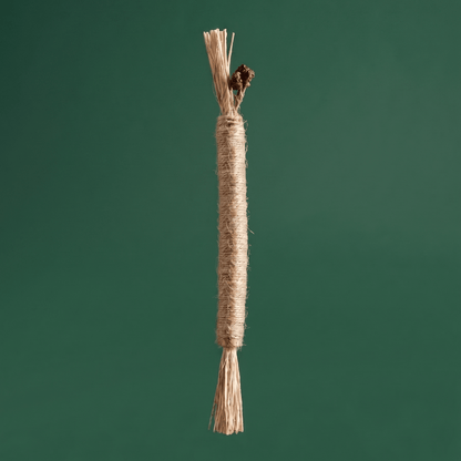 Twine and raffia cat chew toy upright on green background | Bamboo Switch