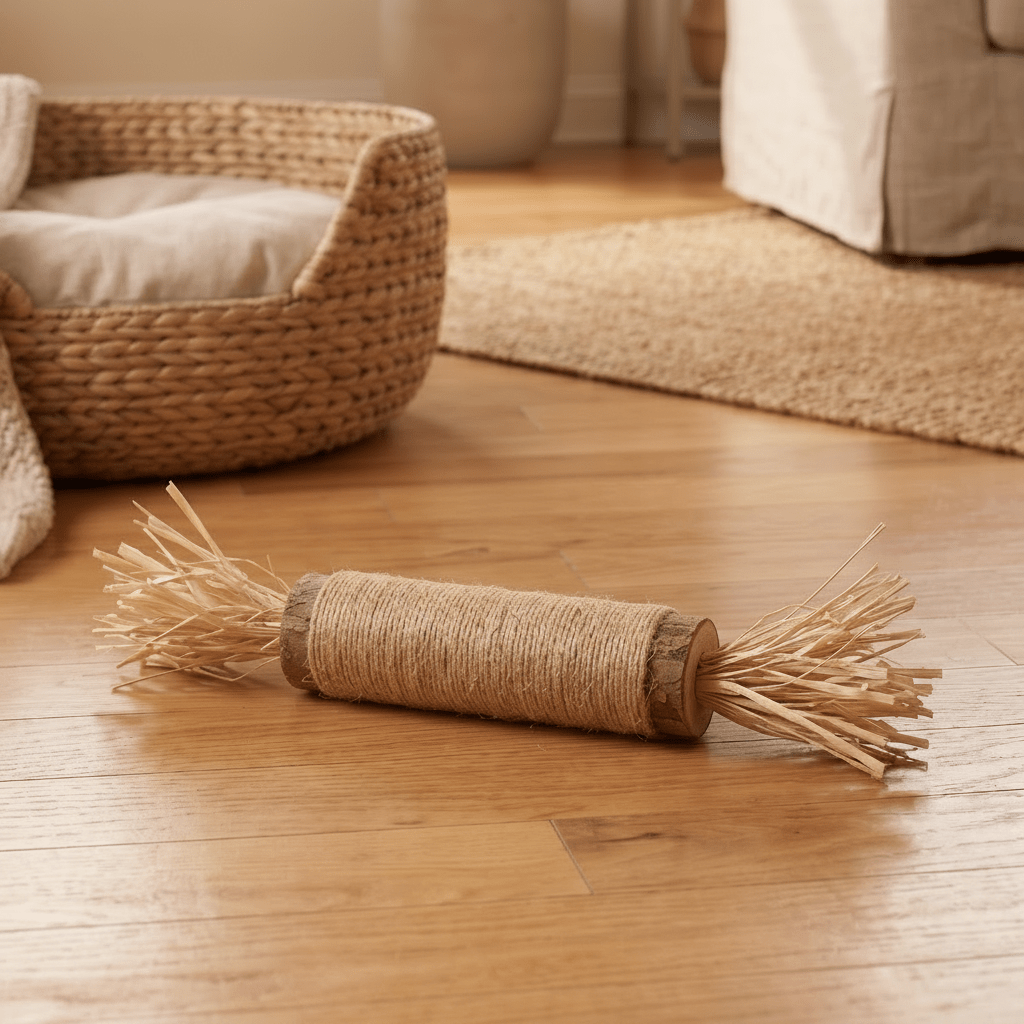 Cat chew toy on wood floor near woven pet bed | Bamboo Switch