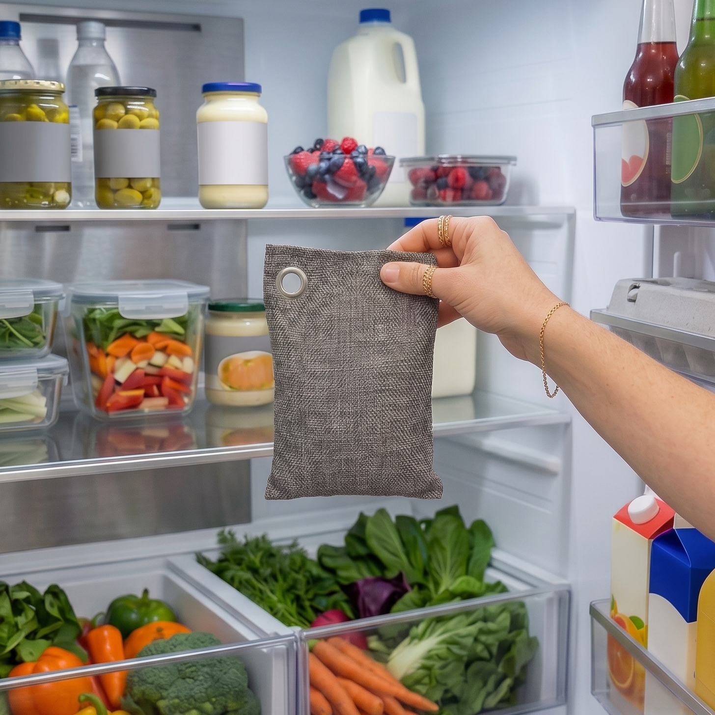 charcoal purifying bag being placed into fridge to combat food odors and humidity | Bamboo Switch