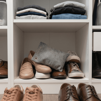 charcoal purifying bag in a closet to fight odors from shoes | Bamboo Switch