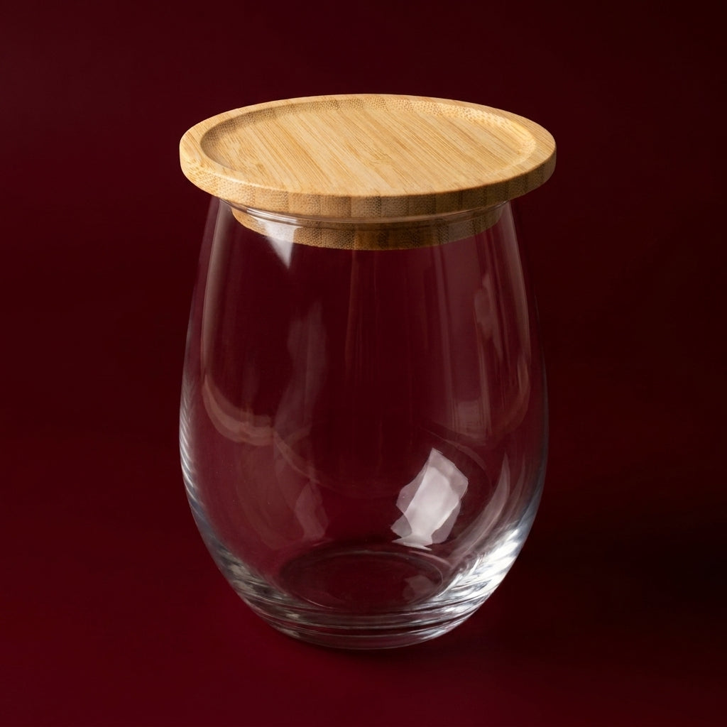 A clear glass jar with a rounded, bulbous shape and a light natural bamboo lid, set against a solid dark red background by Bamboo Switch