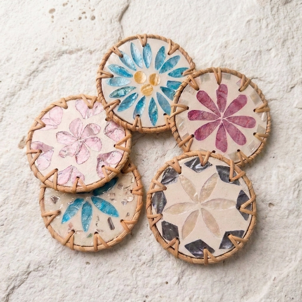 Five round woven straw coasters with colorful floral and geometric designs, arranged on a textured off-white stone surface by Bamboo Switch