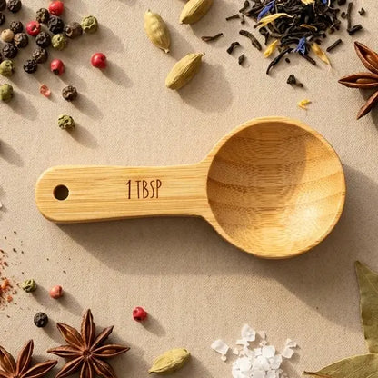 Bamboo measuring spoon labeled 1 Tablespoon surrounded by various spices on a beige surface by Bamboo Switch®