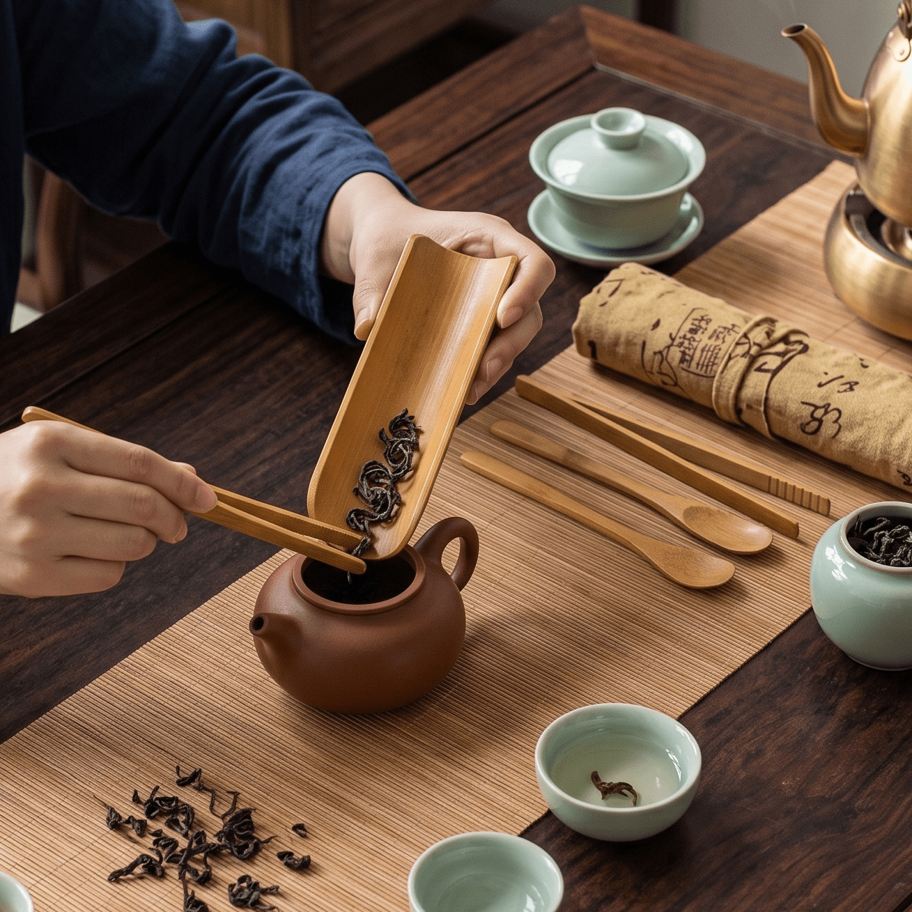 person putting tea into a clay teapot in traditional chinese tea ceremony | Bamboo Switch