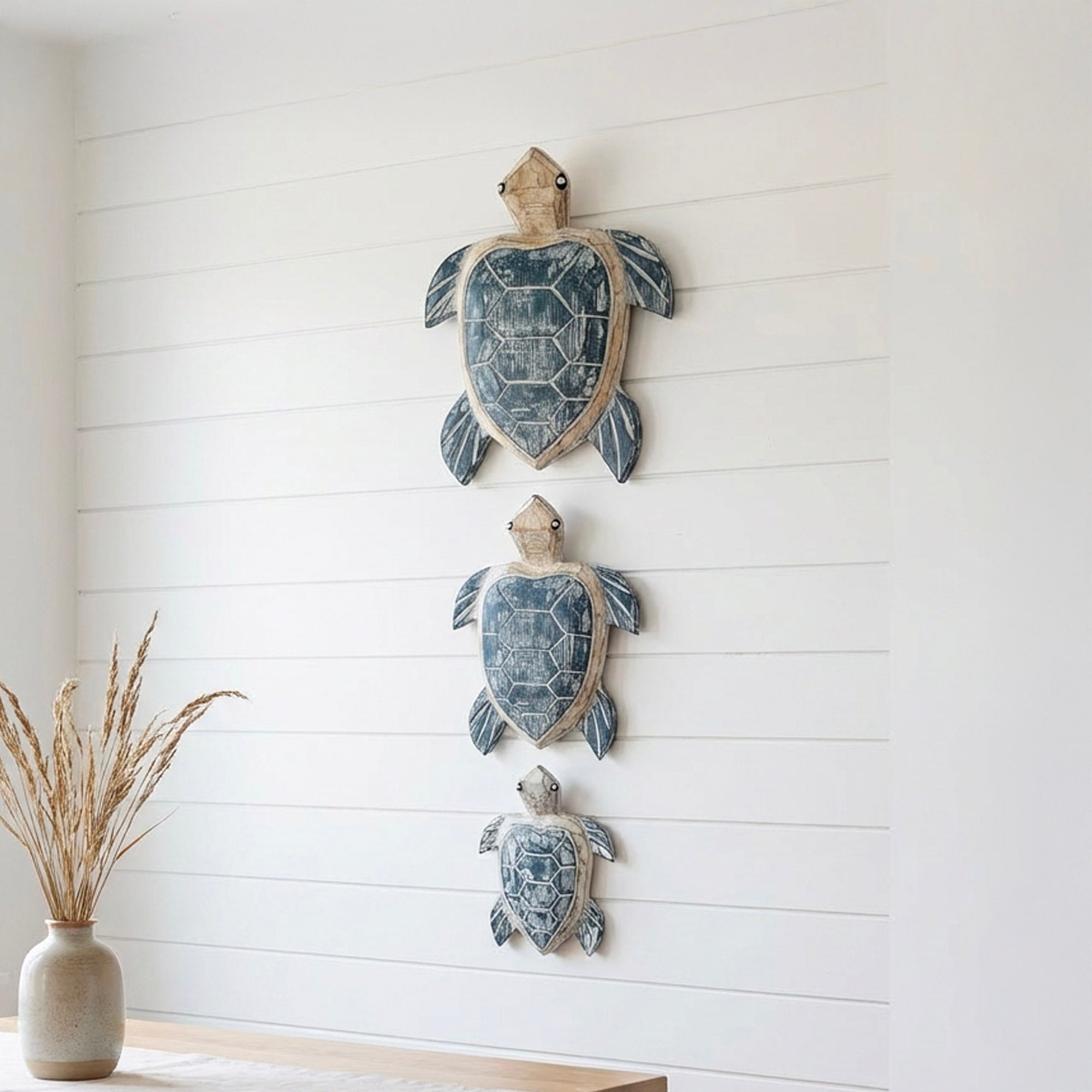 Hand - Carved Wooden Sea Turtle Wall Decor - Set of 3 - Bamboo Switch