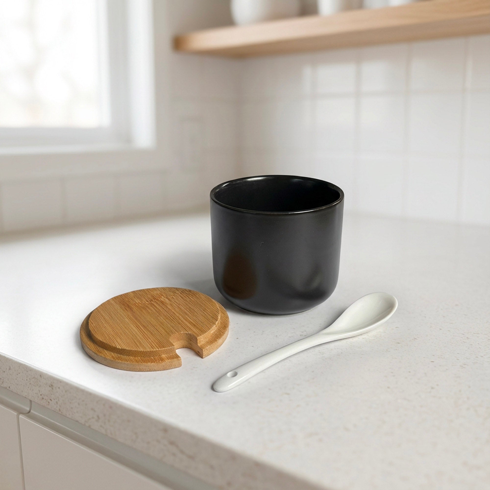 Matte Black Ceramic Spice Jar with Bamboo Lid & Spoon - Bamboo Switch