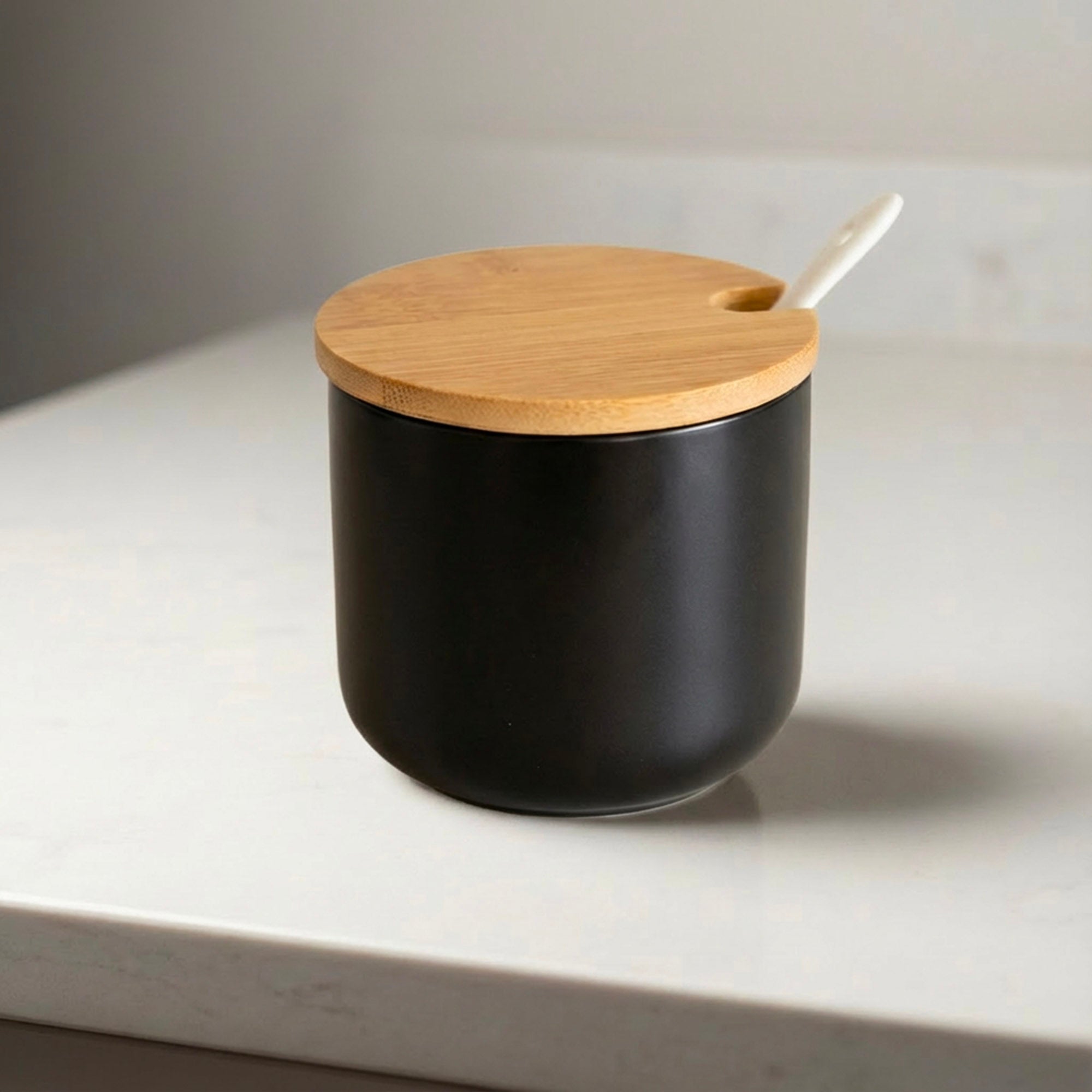 Matte Black Ceramic Spice Jar with Bamboo Lid & Spoon - Bamboo Switch