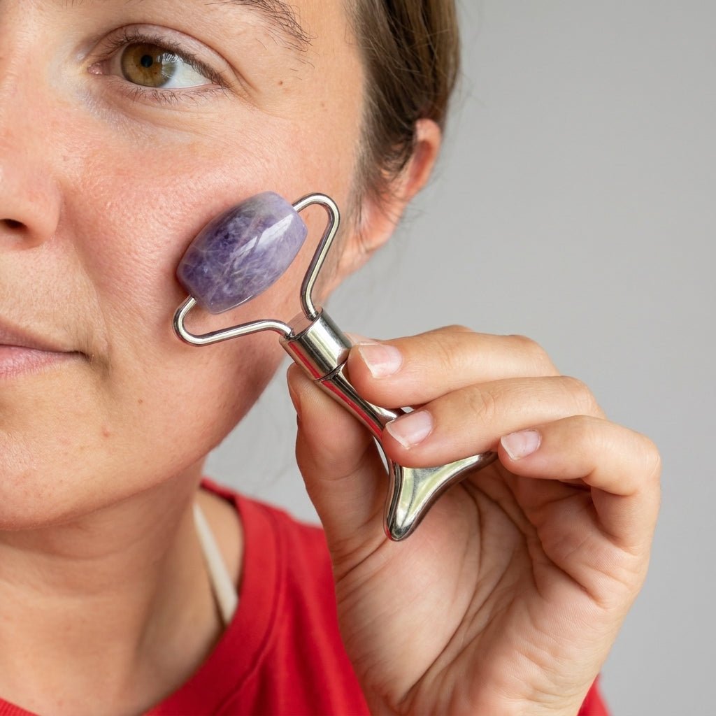 A close-up of a woman using a silver metal facial roller with a purple stone head on her cheek, wearing a red top against a neutral gray background by Bamboo Switch