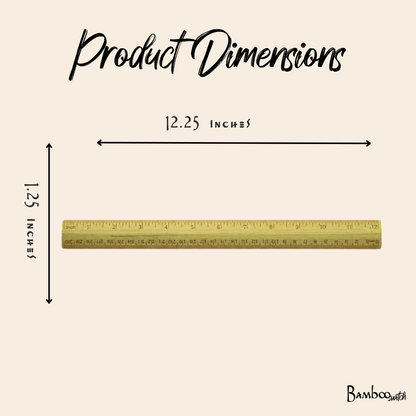 Measurement of a product's dimensions with a bamboo ruler on a beige background, featuring the brand Bamboo Switch