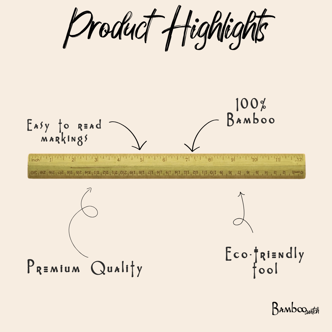 Product highlights with a bamboo ruler showing measurements on a beige background