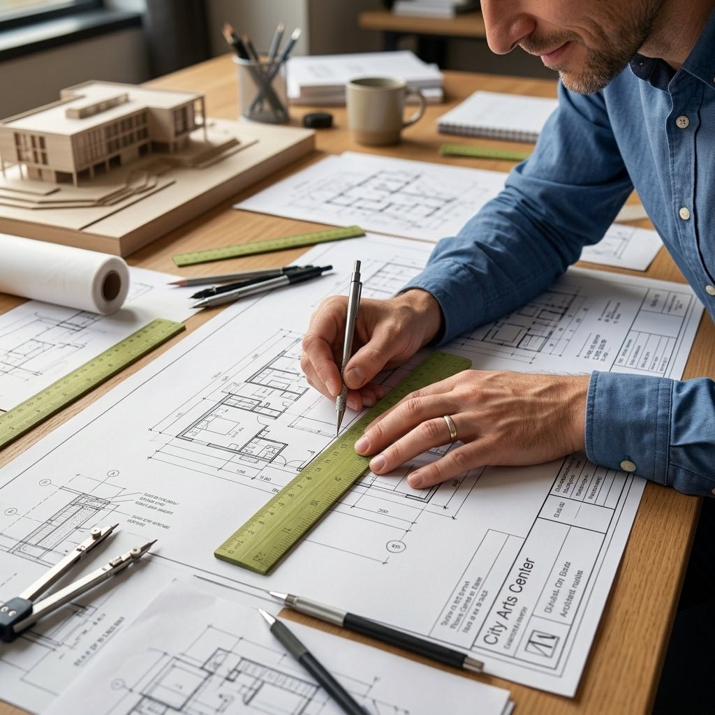 Person working on architectural plans with a bamboo ruler and tools on a desk