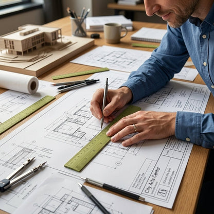 Person working on architectural plans with a bamboo ruler and tools on a desk