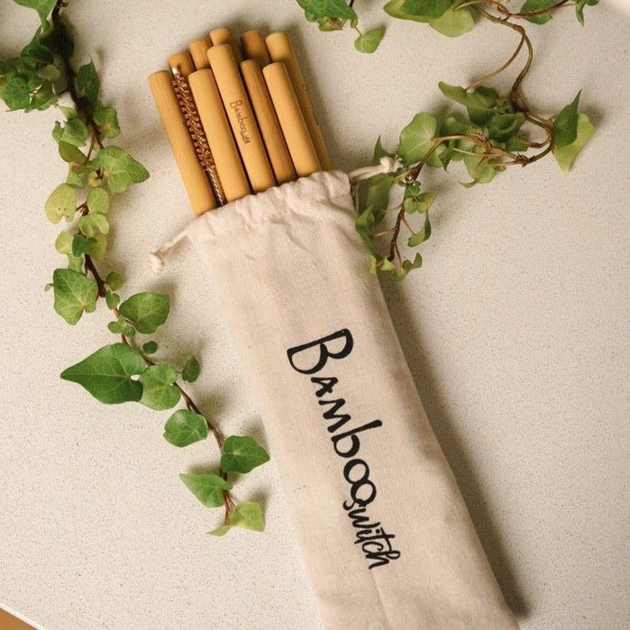 sustainable, zero waste, earth-friendly, plastic-free 10 Organic Bamboo Straws & Coconut Fiber Straw Cleaner - Bamboo Switch